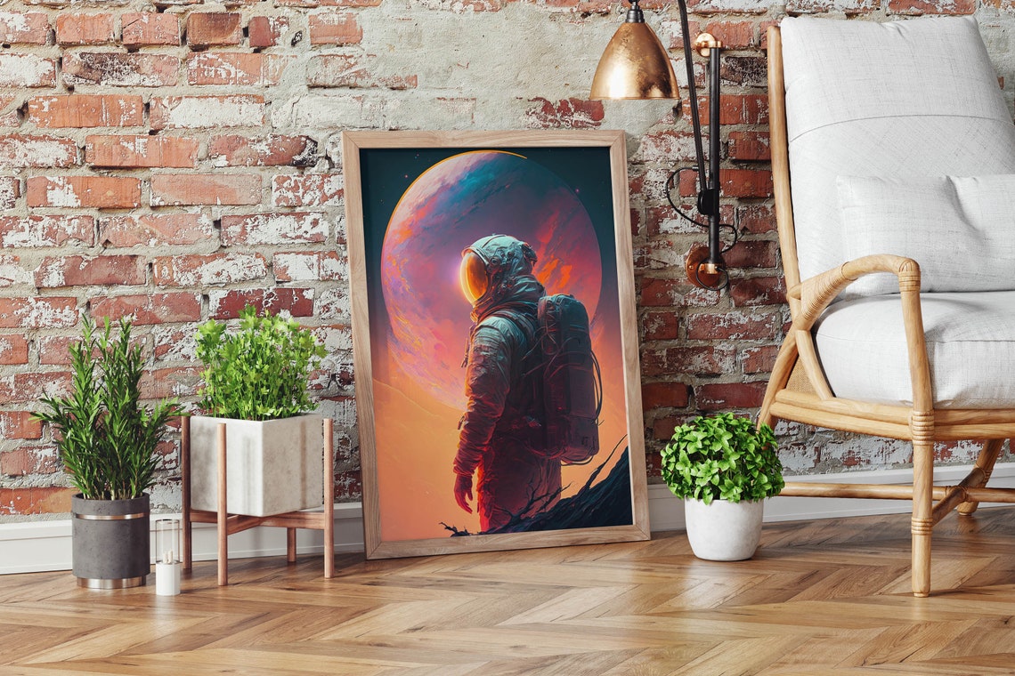 Astronaut Before Giant Pink Planet Poster Golden Visor Sci Fi Artwork - Image 2
