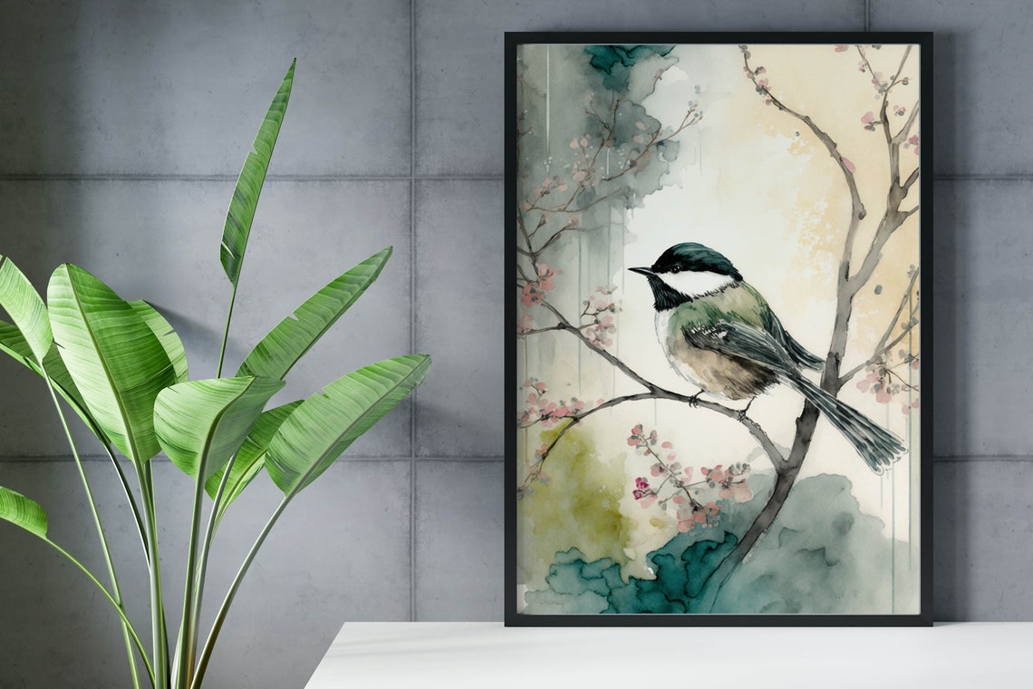 Ink Black Capped Songbird Blossom Branch Teal Watercolor Print - Image 2
