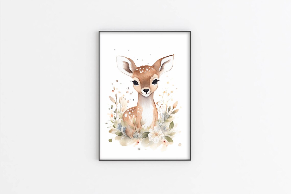 Sweet Baby Deer Fawn Watercolor Floral Nursery Animal Poster - Image 2