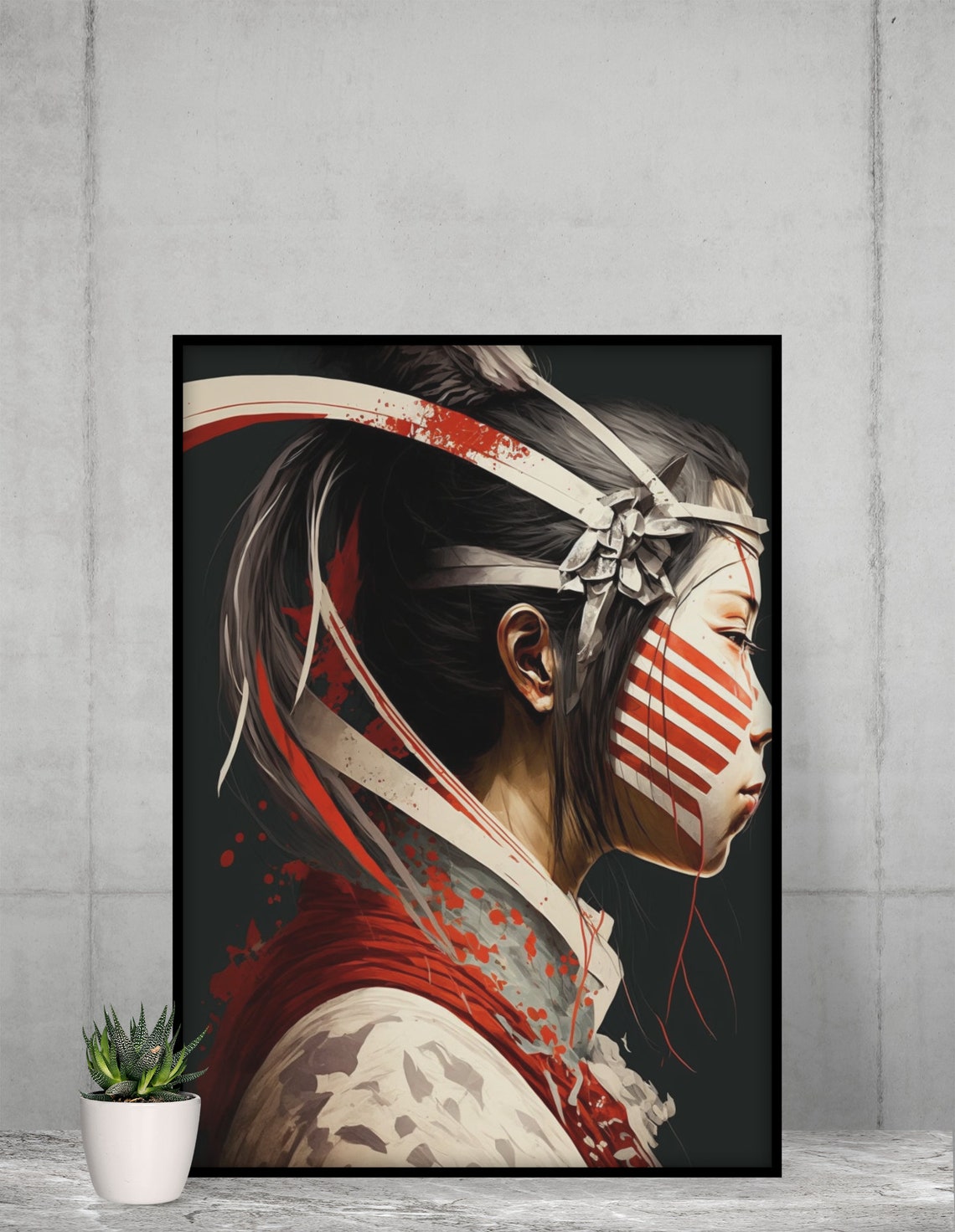 Japanese Woman Headband Red Face Paint Warrior Portrait Poster - Image 2