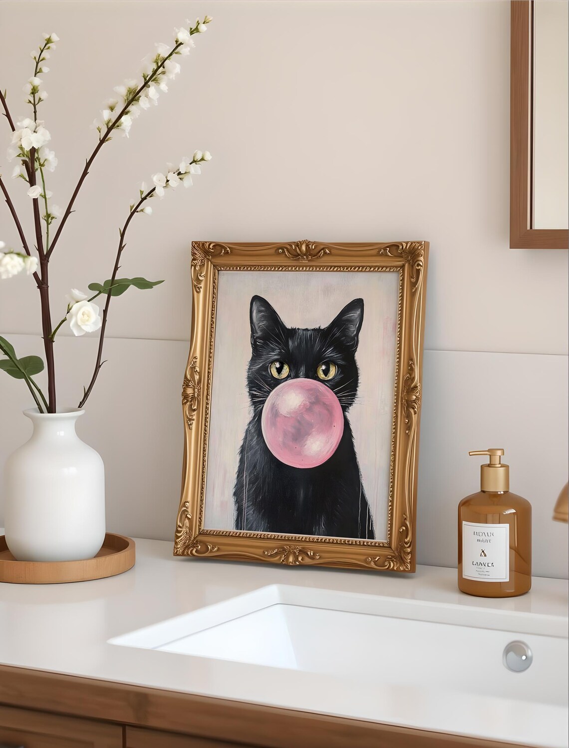 Black Cat Pink Bubble Gum, Funny Cat Art Print - Image 2