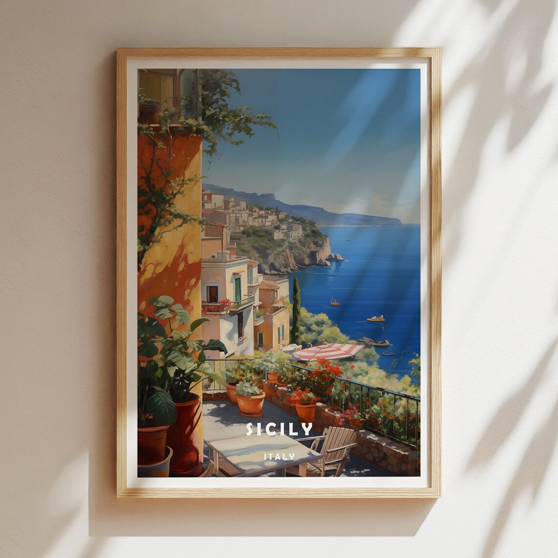 Sicily Italy Sunlit Terrace Overlooking Blue Sea Travel Poster