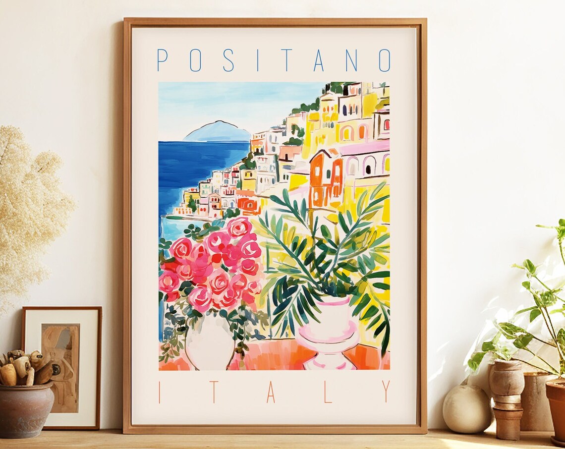 Positano Italy Painted Cliffside Town Flower Watercolor Poster
