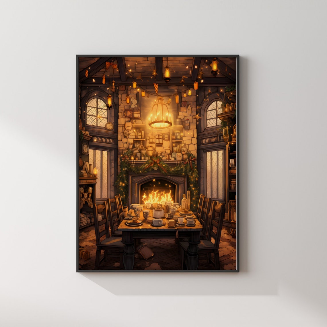 Hufflepuff Common Room at Christmas Fireplace Feast Wizard Poster - Image 2