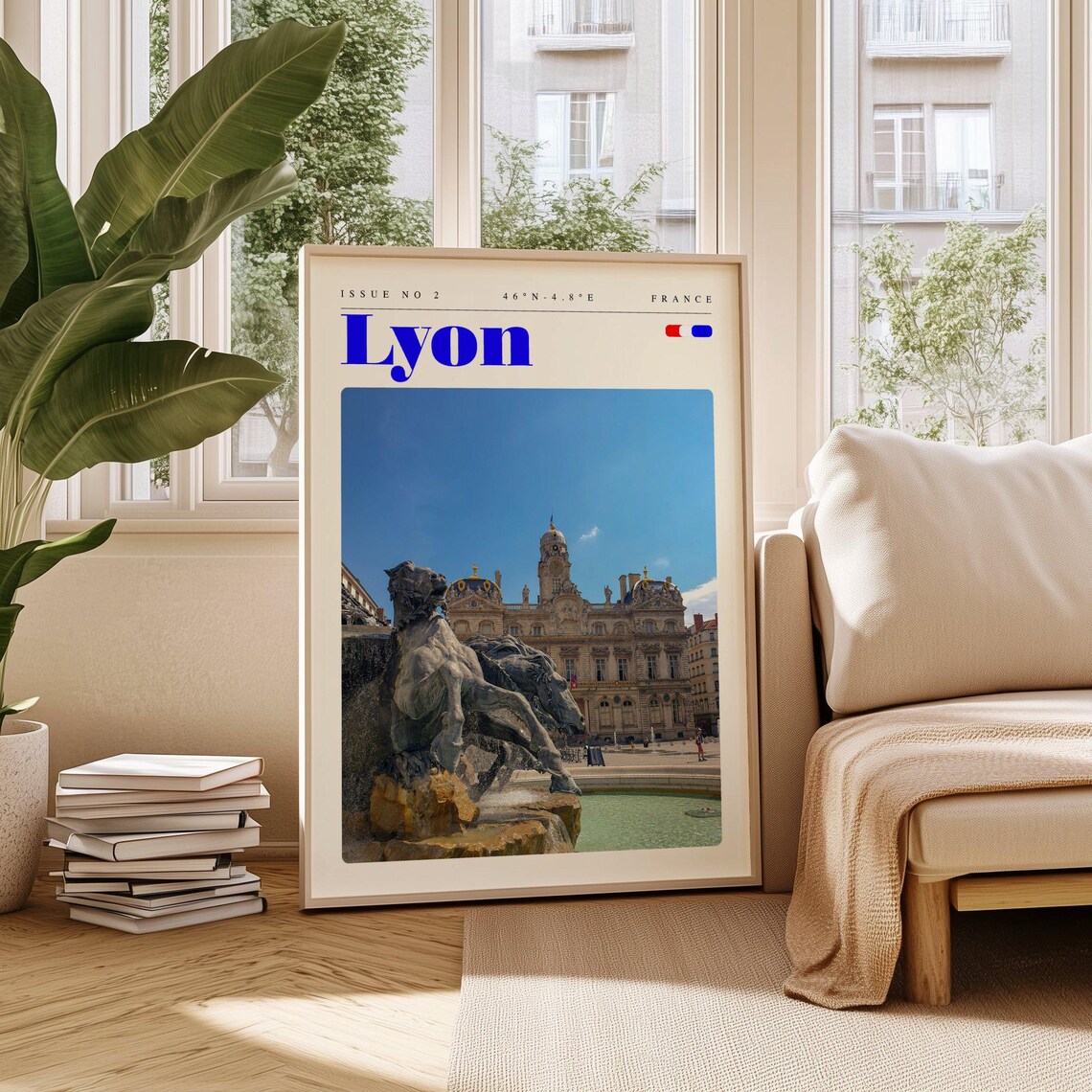Lyon France Bartholdi Fountain Horse Statues Modern Travel Poster