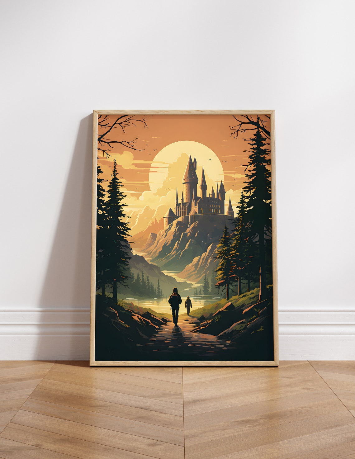 Hogwarts Castle Sunset Two Walkers Golden Path Wizard Poster