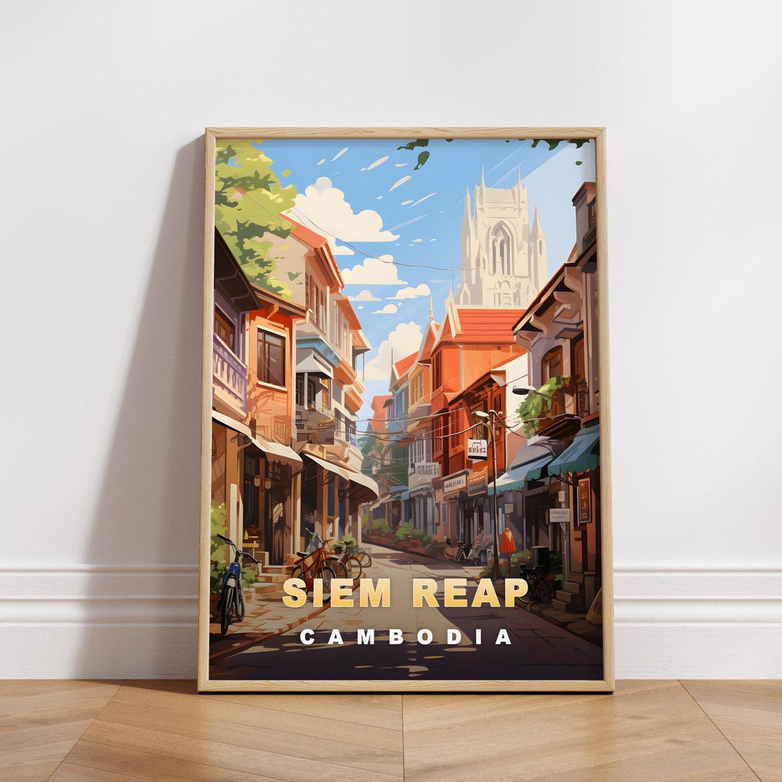 Siem Reap Cambodia Street with Ornate Tower Retro Travel Poster