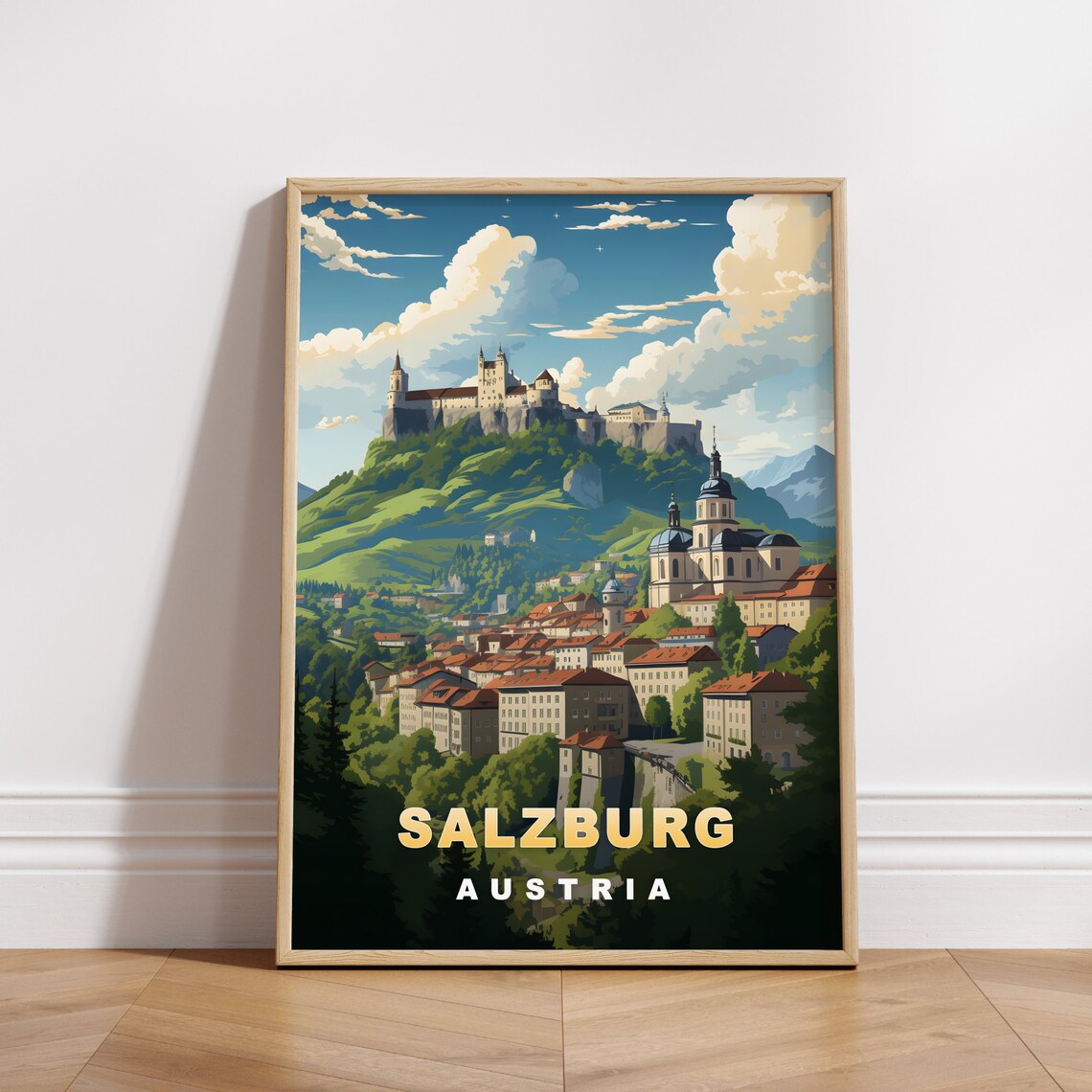 Salzburg Austria Hilltop Fortress Old Town Panorama Travel Poster