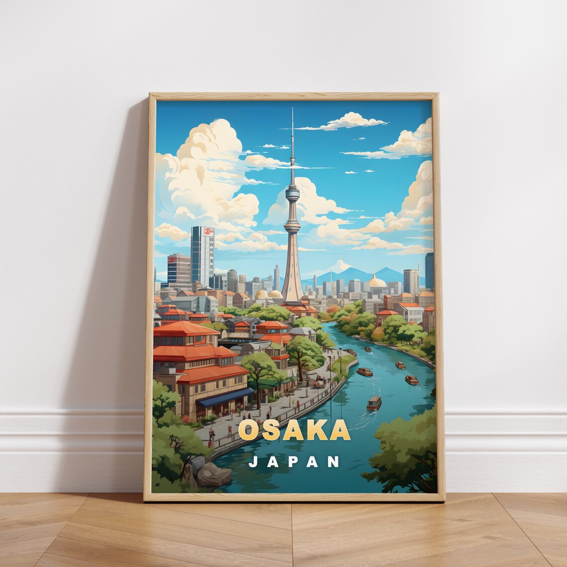 Osaka Japan Riverside Canal Tower Boats Vintage Retro Travel Poster
