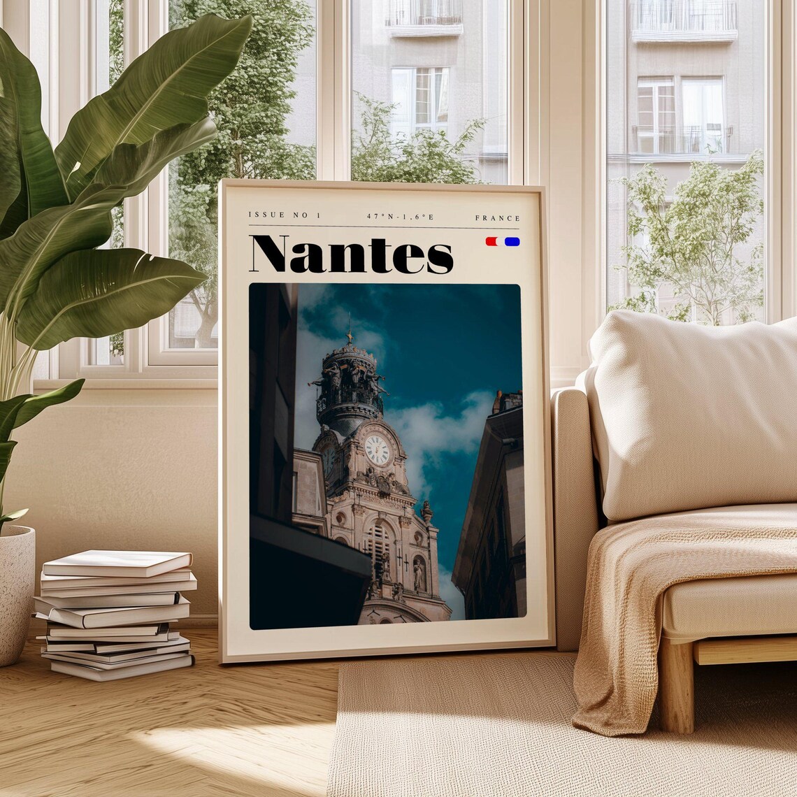 Nantes France Historic Clock Tower Against Blue Sky Travel Poster