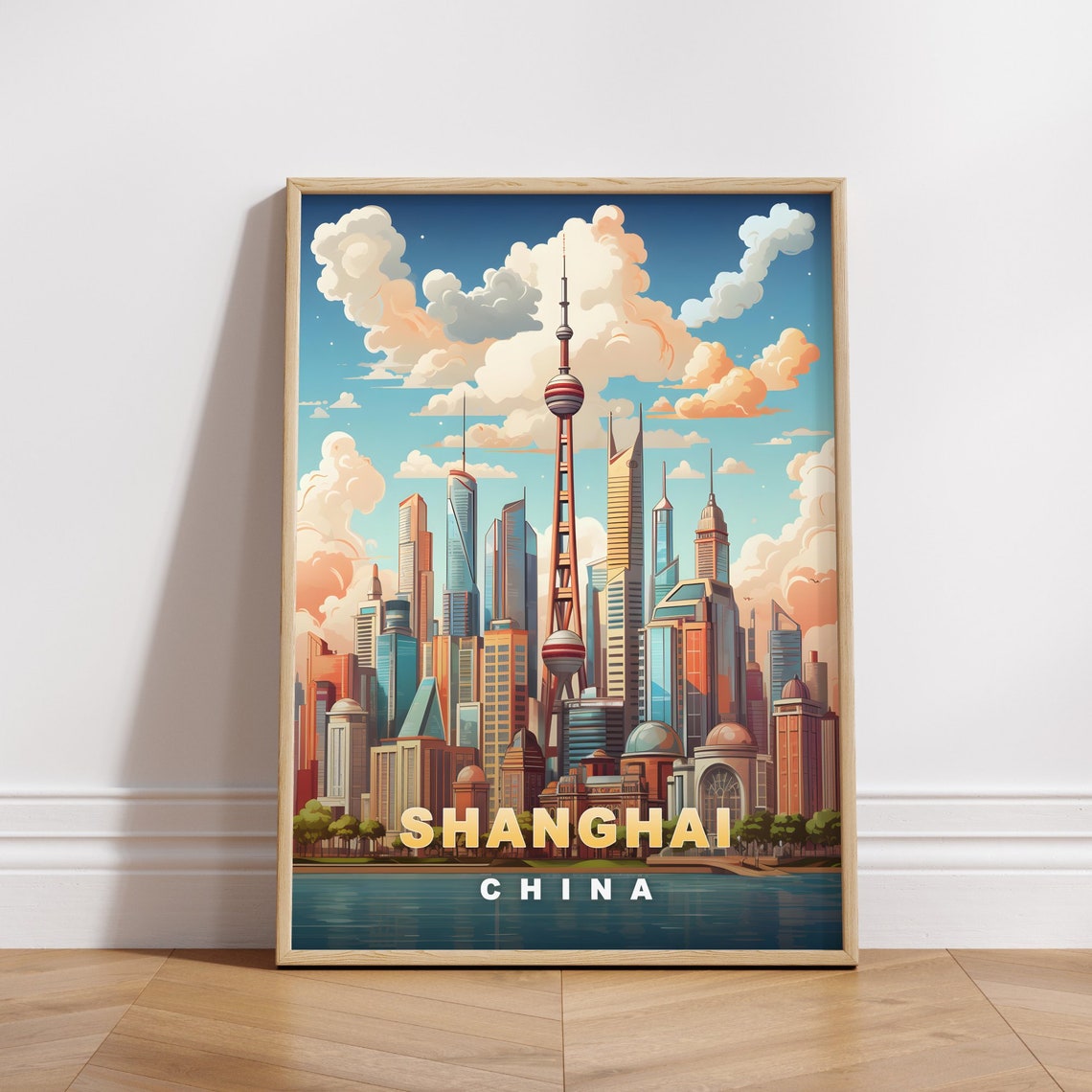 Shanghai China Oriental Pearl Tower Skyline Retro Travel Poster