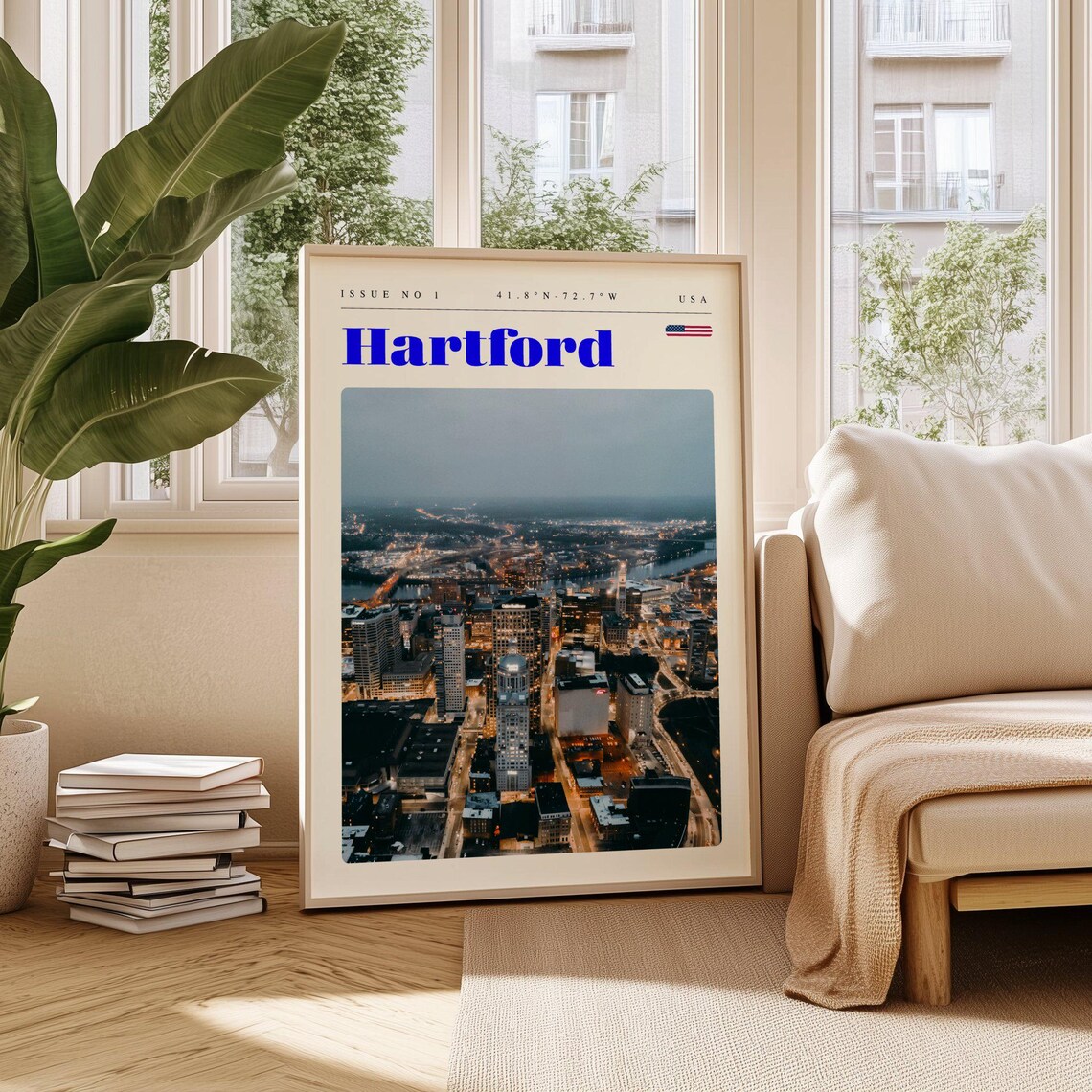 Hartford USA Night City Lights Glowing Aerial Skyline Travel Poster