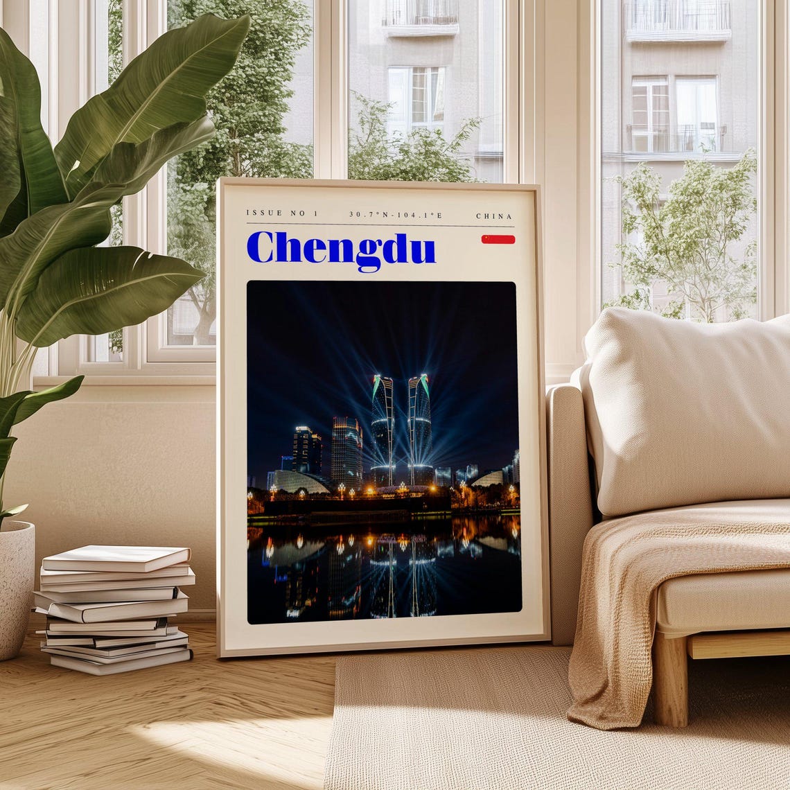 Chengdu China Glowing Night Skyline Twin Towers River Lights Poster