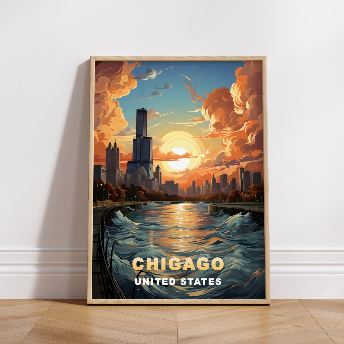Chicago Skyline Sunset Over Lake Michigan Waterfront Travel Poster