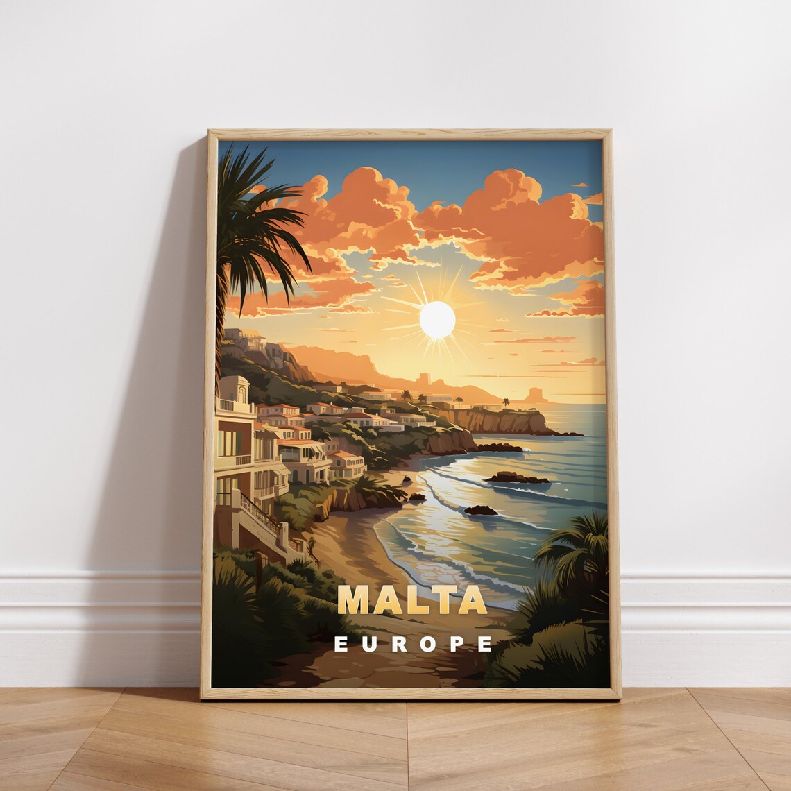 Malta Europe Retro Travel Poster Golden Sunset Beach Cliffs Scene