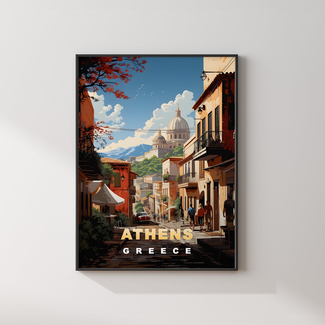 Athens Greece Sunlit Street Domed Church Hillside View Travel Poster - Image 2