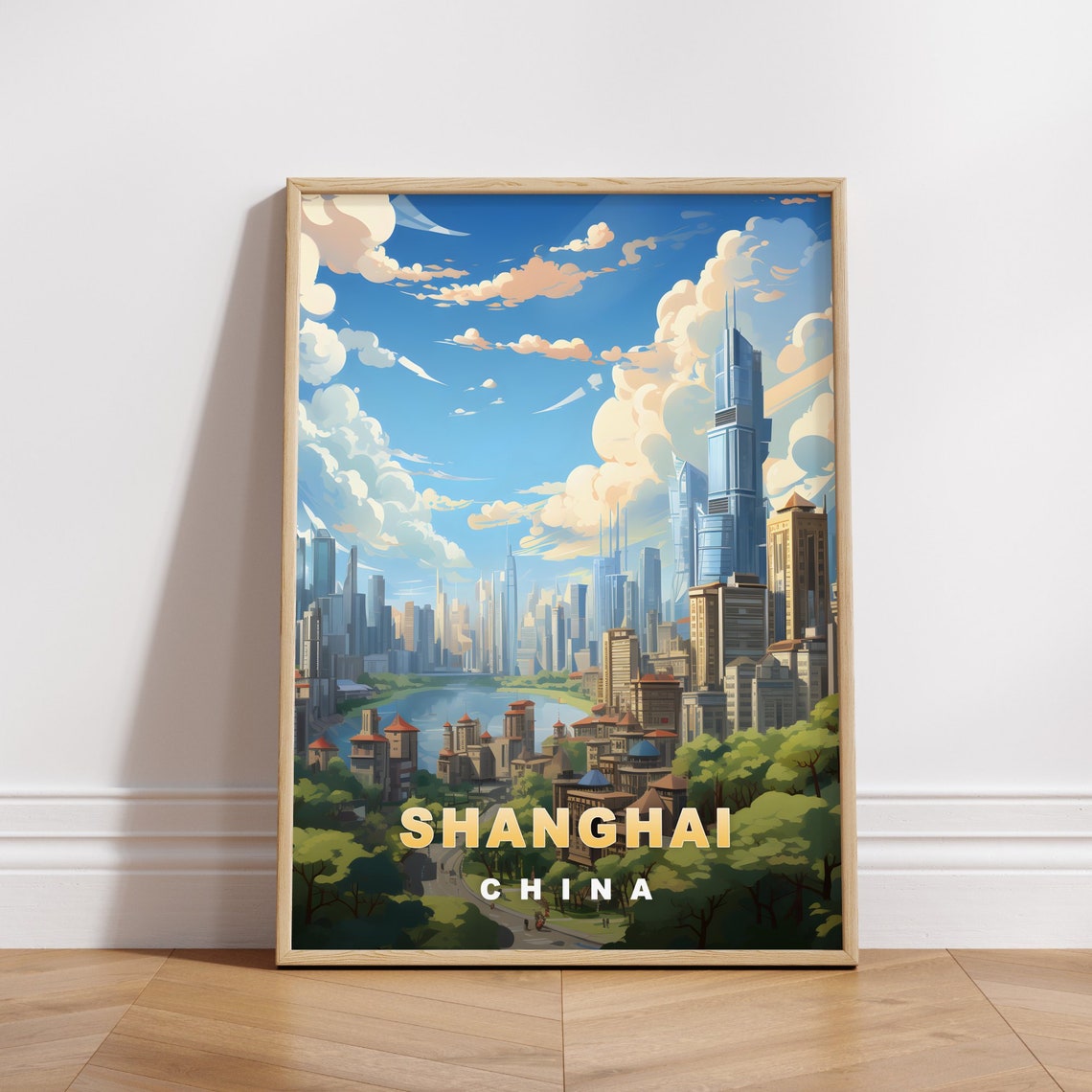 Shanghai China River Bend Skyline Park View Retro Travel Poster