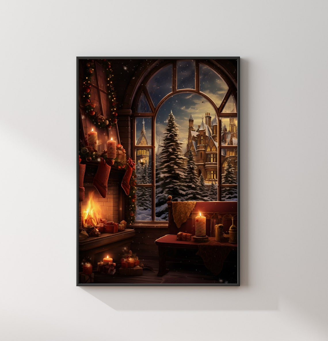 Christmas Fireplace Snowy Castle Window Cozy Holiday Art Poster - Image 2