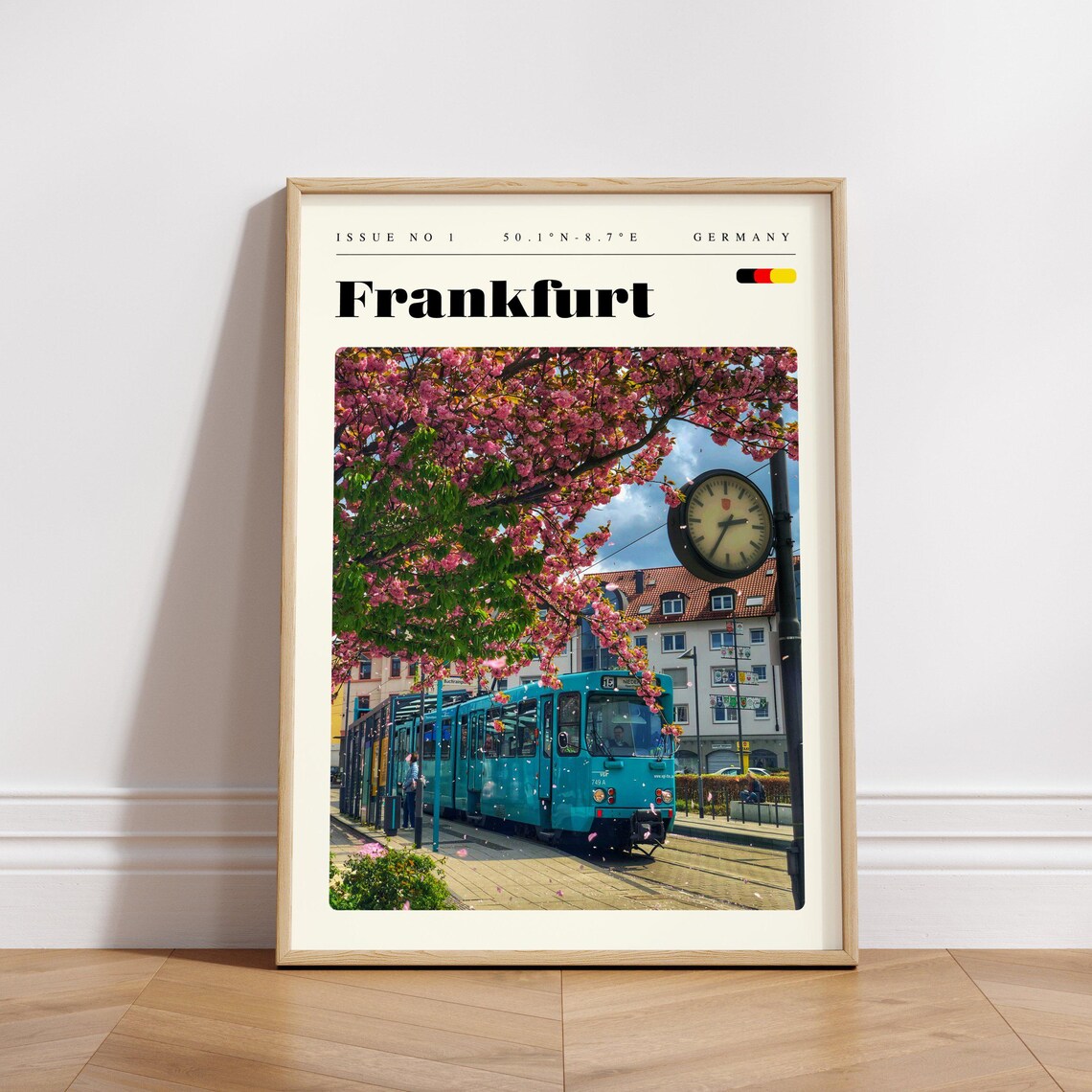 Frankfurt Germany Teal Tram Cherry Blossoms Photo Travel Poster - Image 3