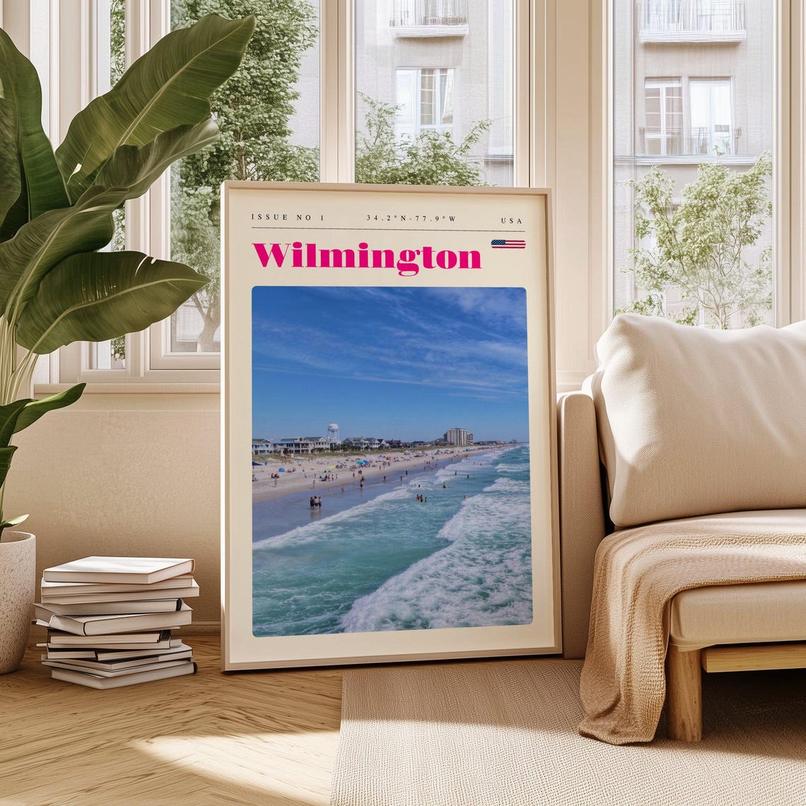 Wilmington Beach Waves Coastal Aerial View Modern Travel Poster