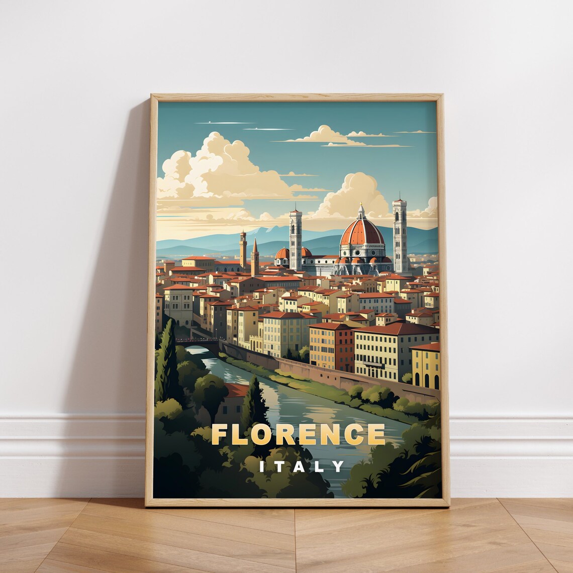 Florence Italy Duomo Cathedral River Retro Travel Poster Decor Art