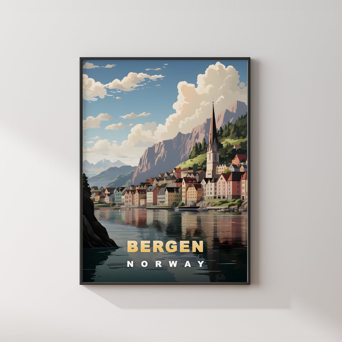 Bergen Norway Waterfront Mountain Town Church Spire Travel Poster - Image 2