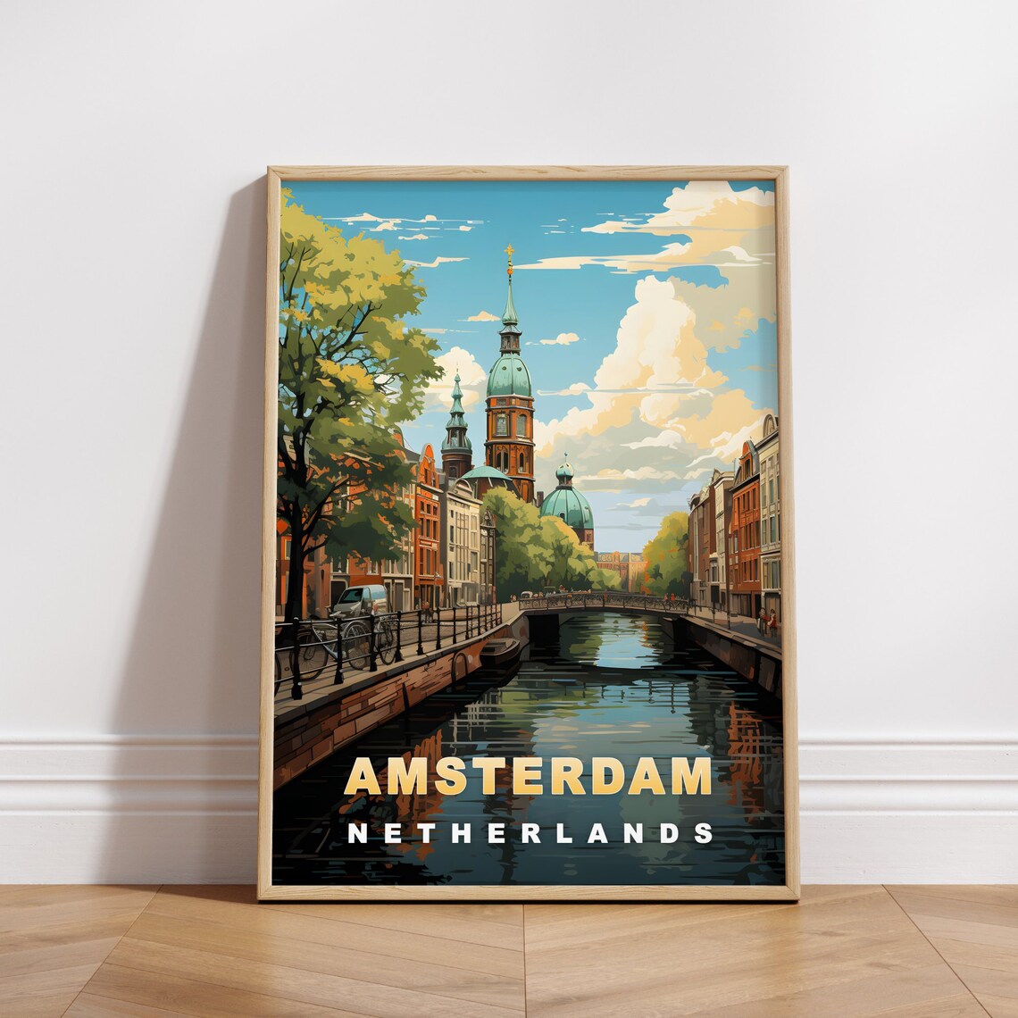 Amsterdam Netherlands Canal Green Dome Church Water View Travel Poster