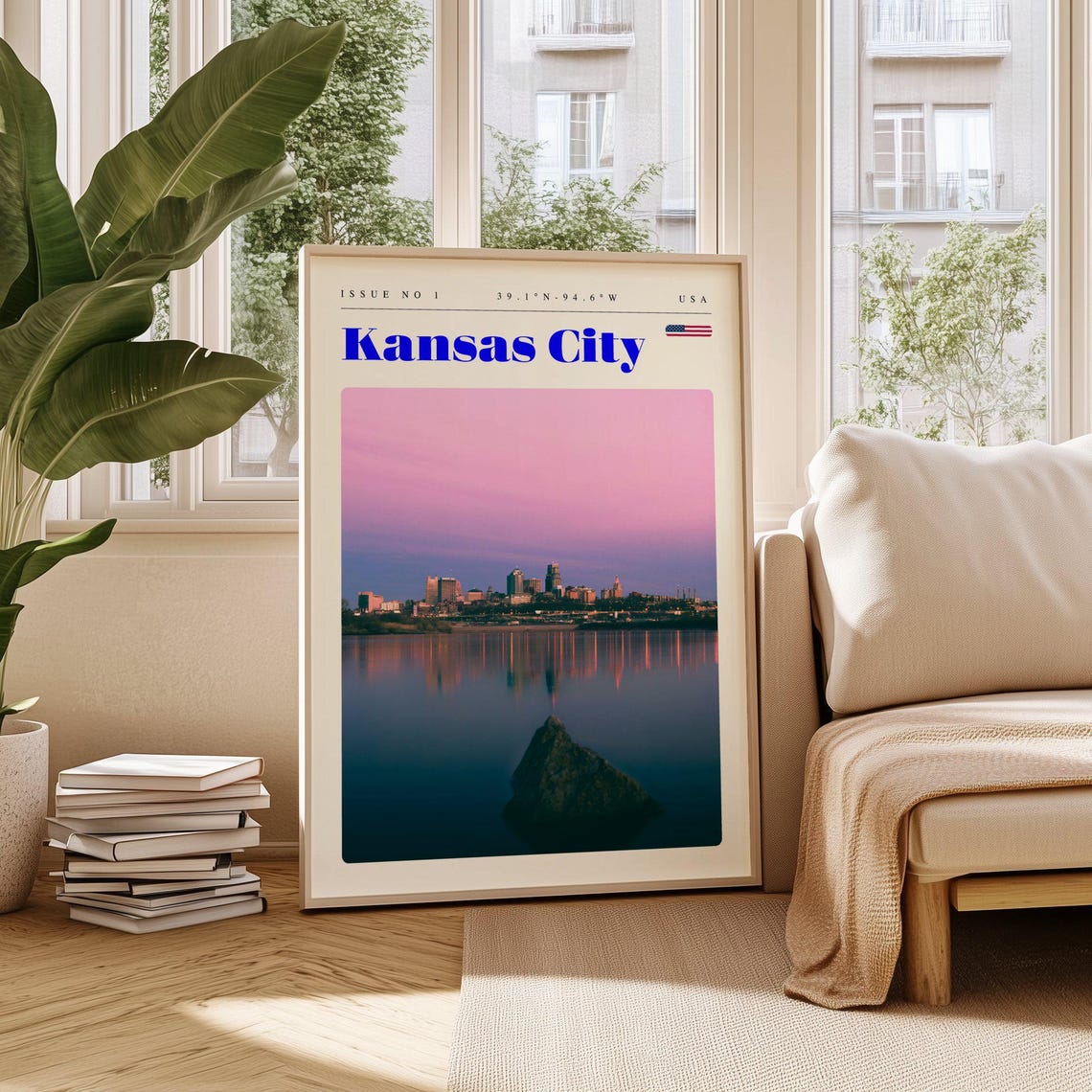 Kansas City Skyline Pink Dusk River Reflection USA Travel Poster