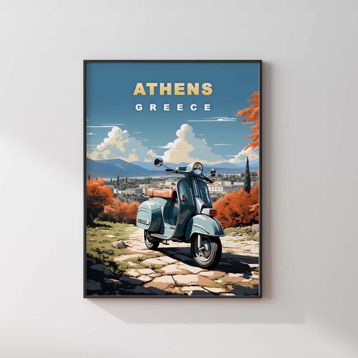 Athens Greece Vintage Vespa Scooter Hillside Town View Travel Poster - Image 2