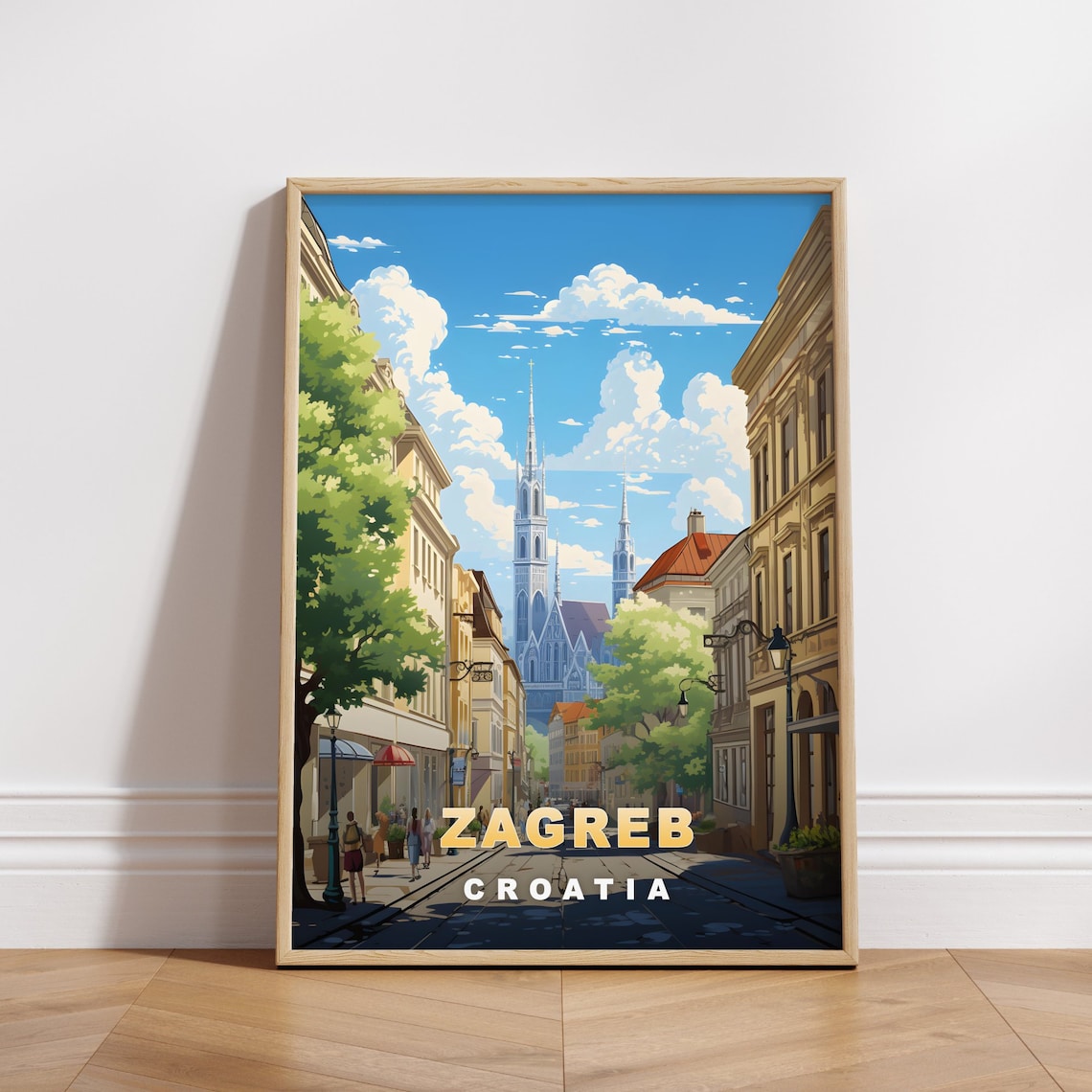 Zagreb Croatia Leafy Street Twin Cathedral Spires View Travel Poster
