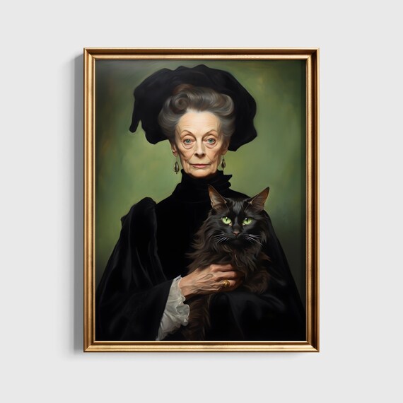 Professor McGonagall Portrait with Black Cat Wizard Art Poster