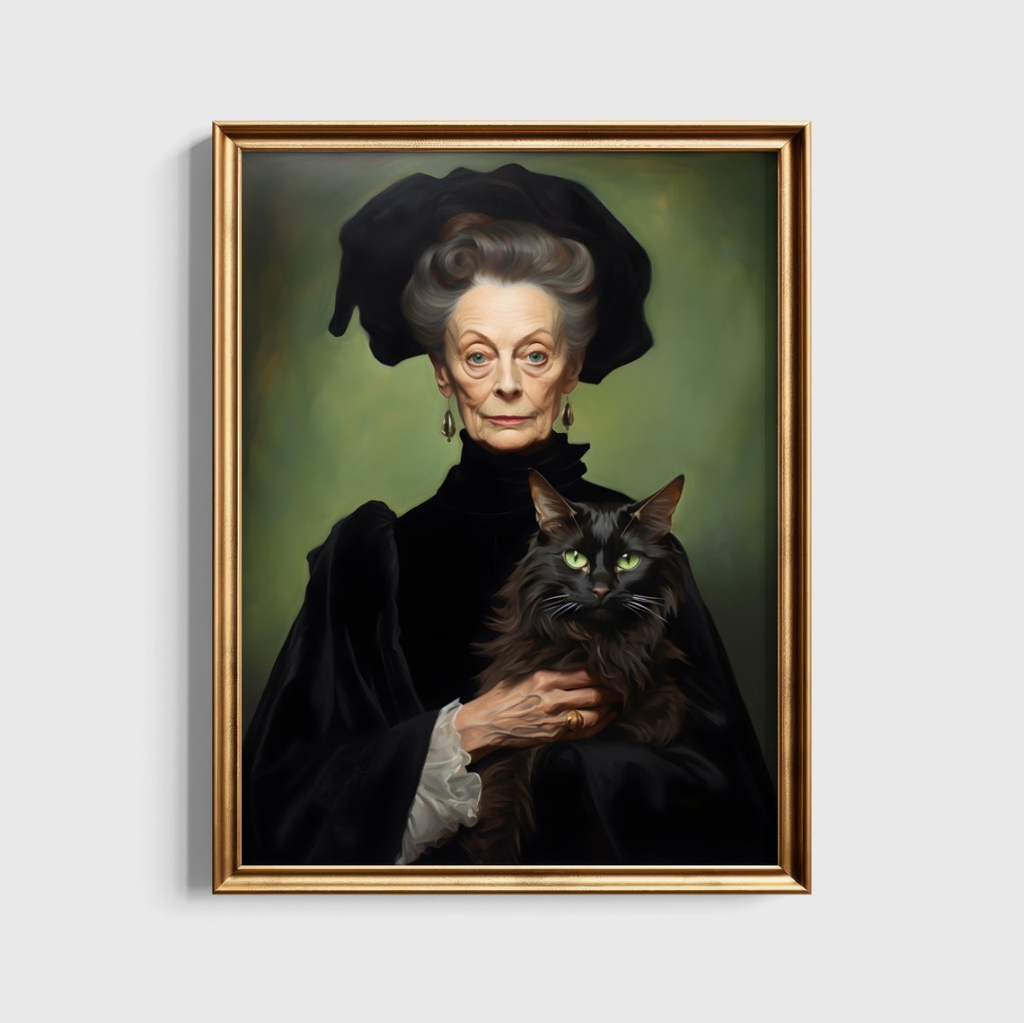 Professor McGonagall Portrait with Black Cat Wizard Art Poster