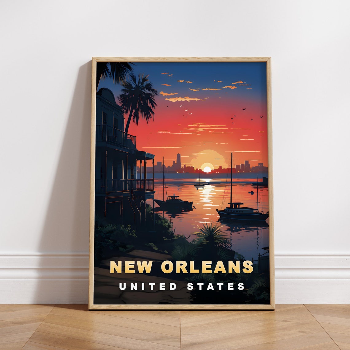 New Orleans Harbor Sunset Boats Waterfront Balcony Travel Poster