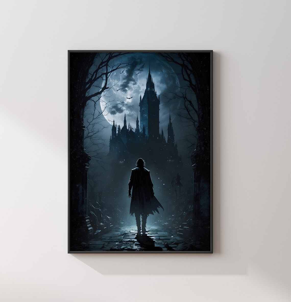 Dark Cloaked Wizard Walking to Gothic Castle at Night Poster - Image 2