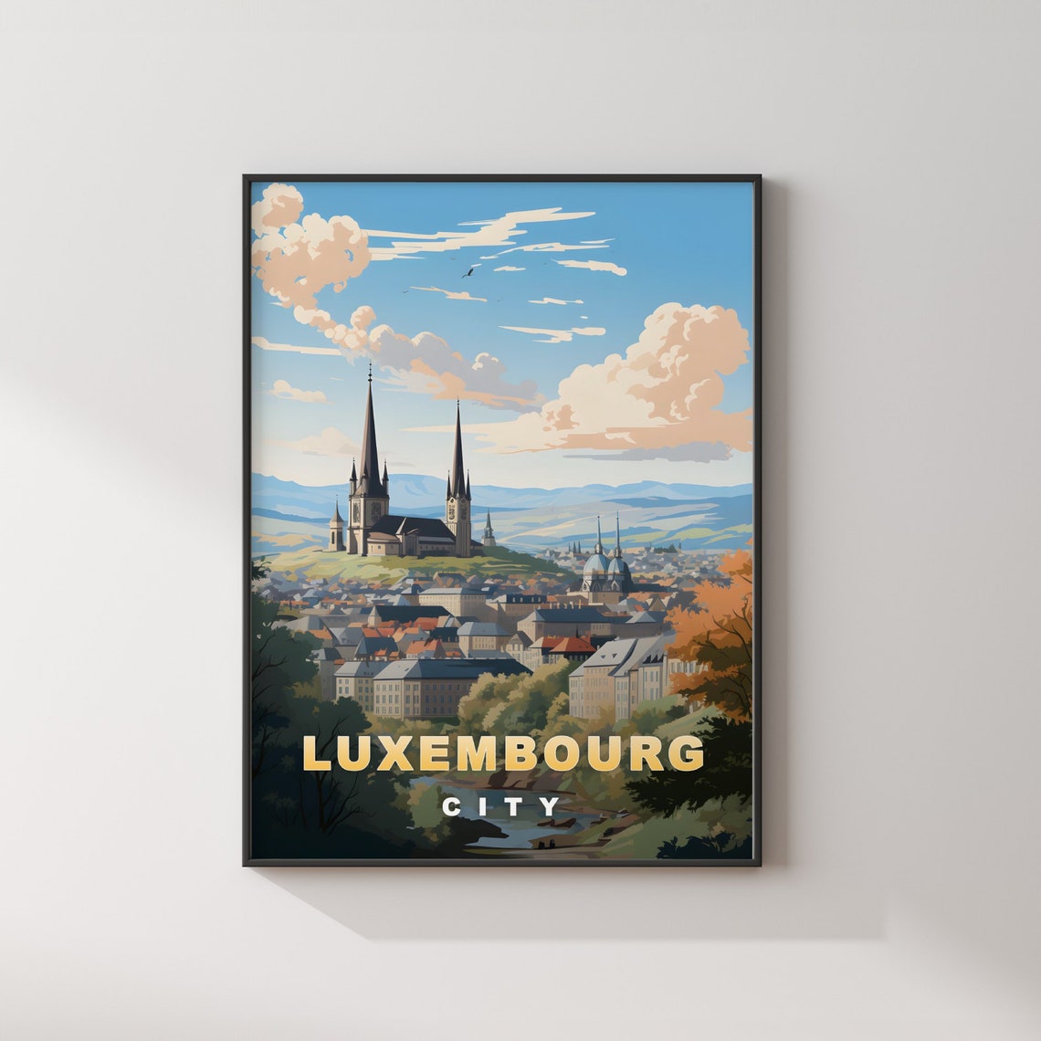 Luxembourg City Retro Travel Poster Cathedral Hilltop Skyline View - Image 2