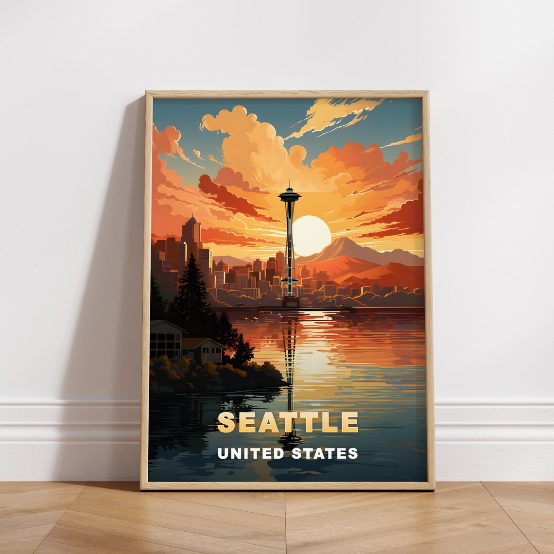 Seattle United States Space Needle Sunset Water View Travel Poster