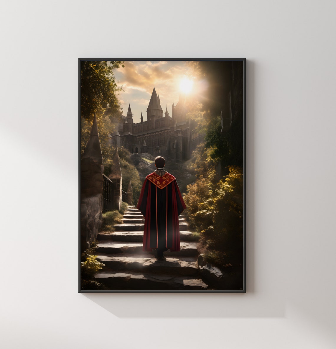 Brave House Wizard Climbing Castle Steps in Morning Light Poster - Image 2