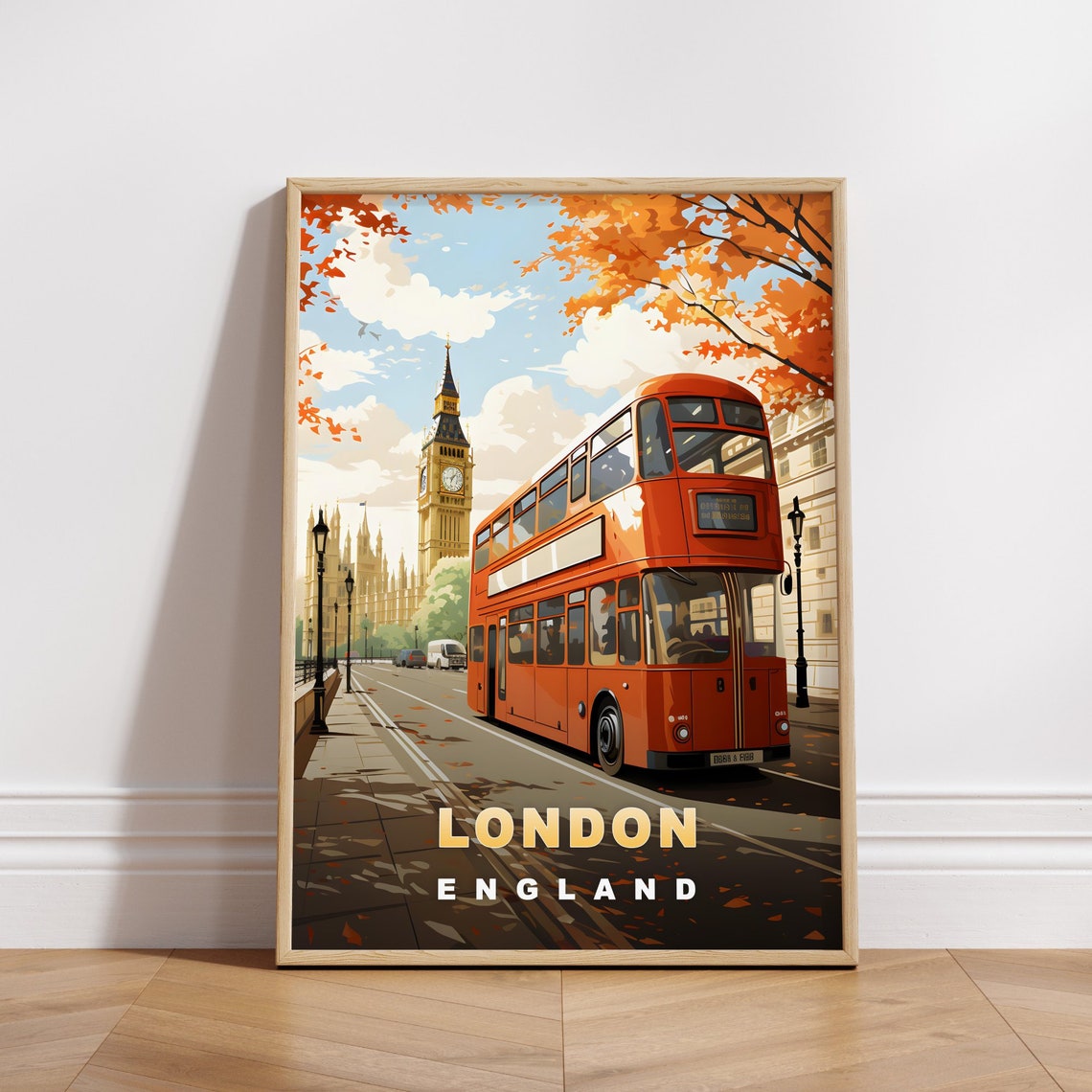 London England Retro Travel Poster Red Double Decker Bus Scene