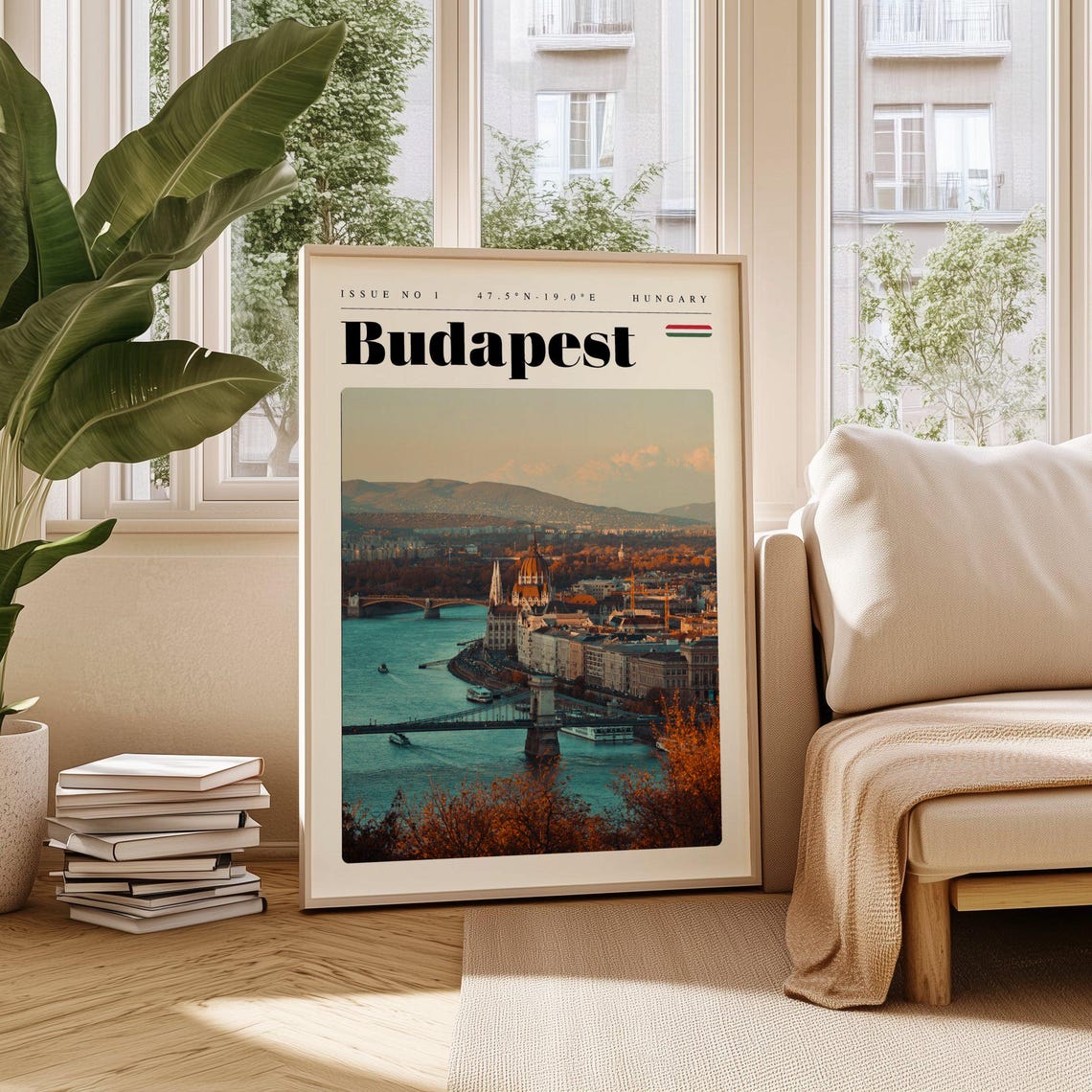 Budapest Hungary Danube River Bridge Autumn Vintage Travel Poster