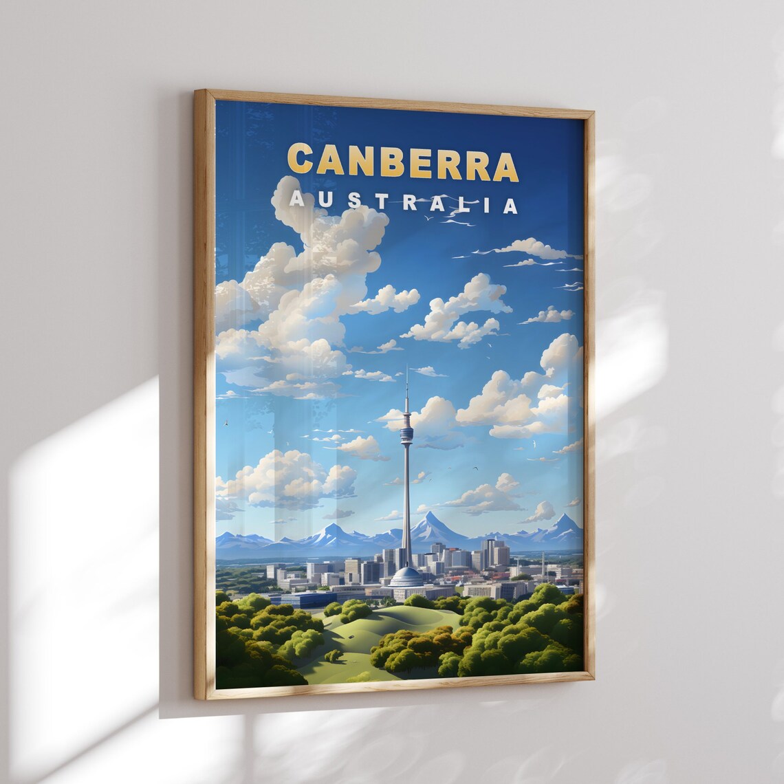Canberra Australia Tower and Green Hills Retro Travel Poster - Image 2