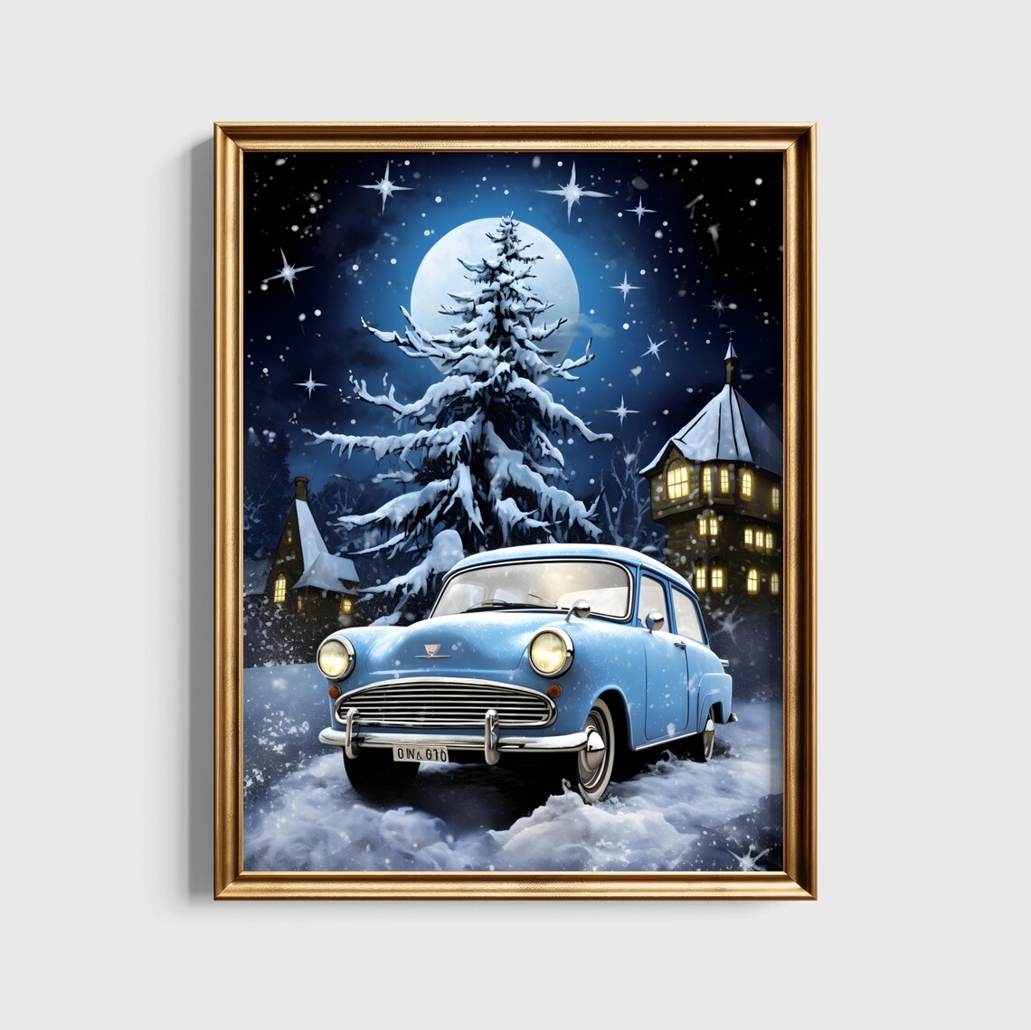 Weasley Vintage Flying Car Snowy Night Christmas Fantasy Poster