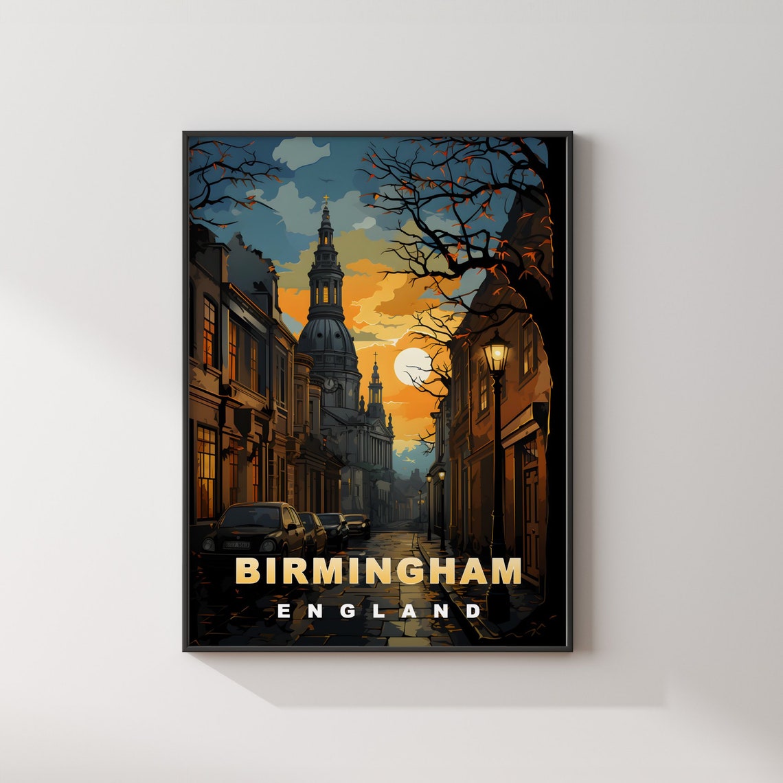 Birmingham England Sunset Street Domed Cathedral Glow Travel Poster - Image 2