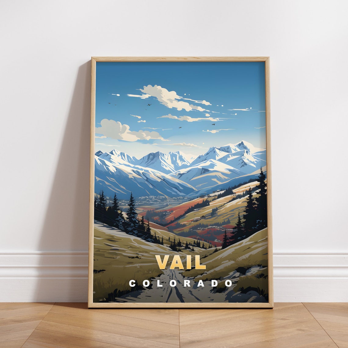 Vail Colorado Mountain Peaks Autumn Valley Retro Travel Poster