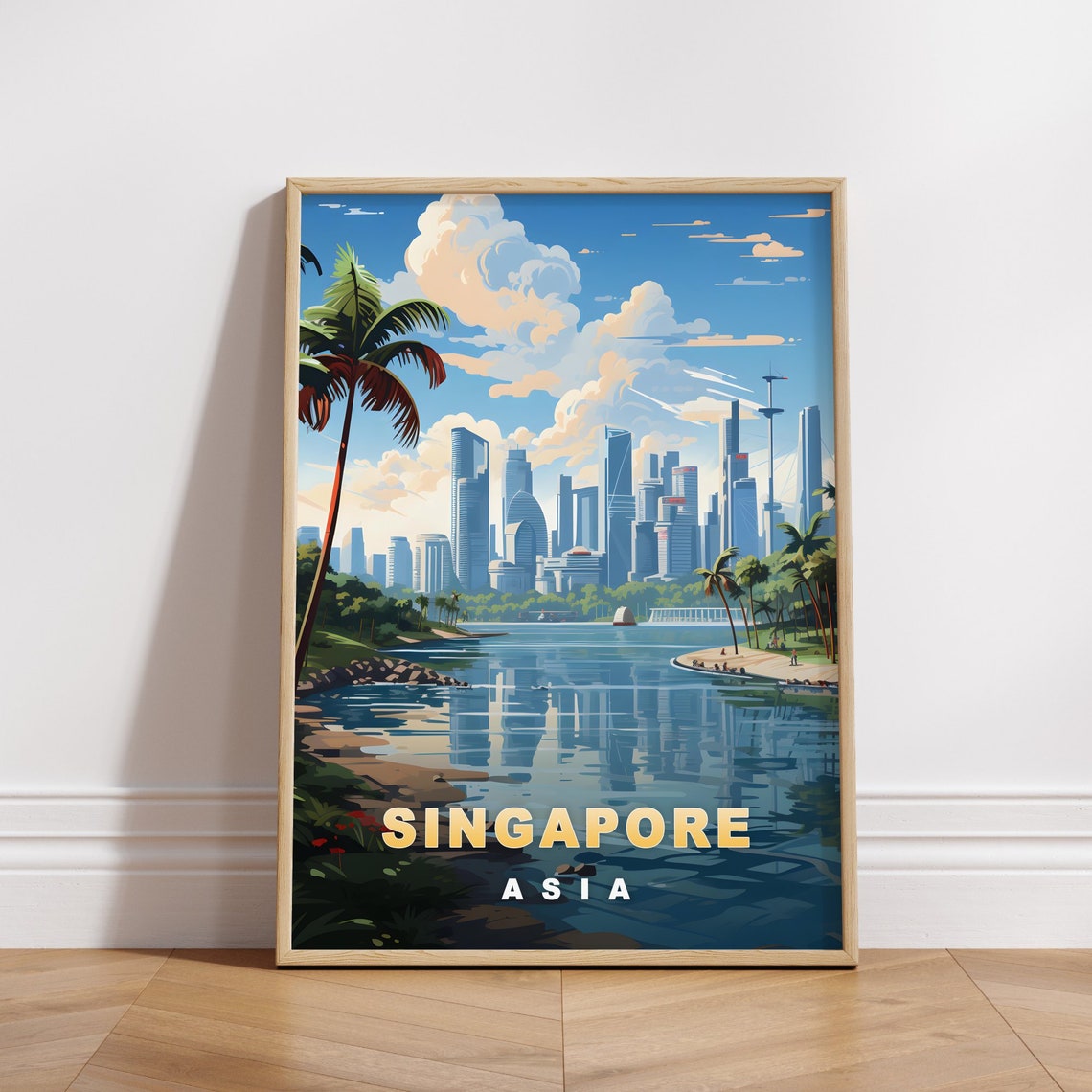 Singapore Asia Waterfront Skyline Palm Bay Retro Travel Poster