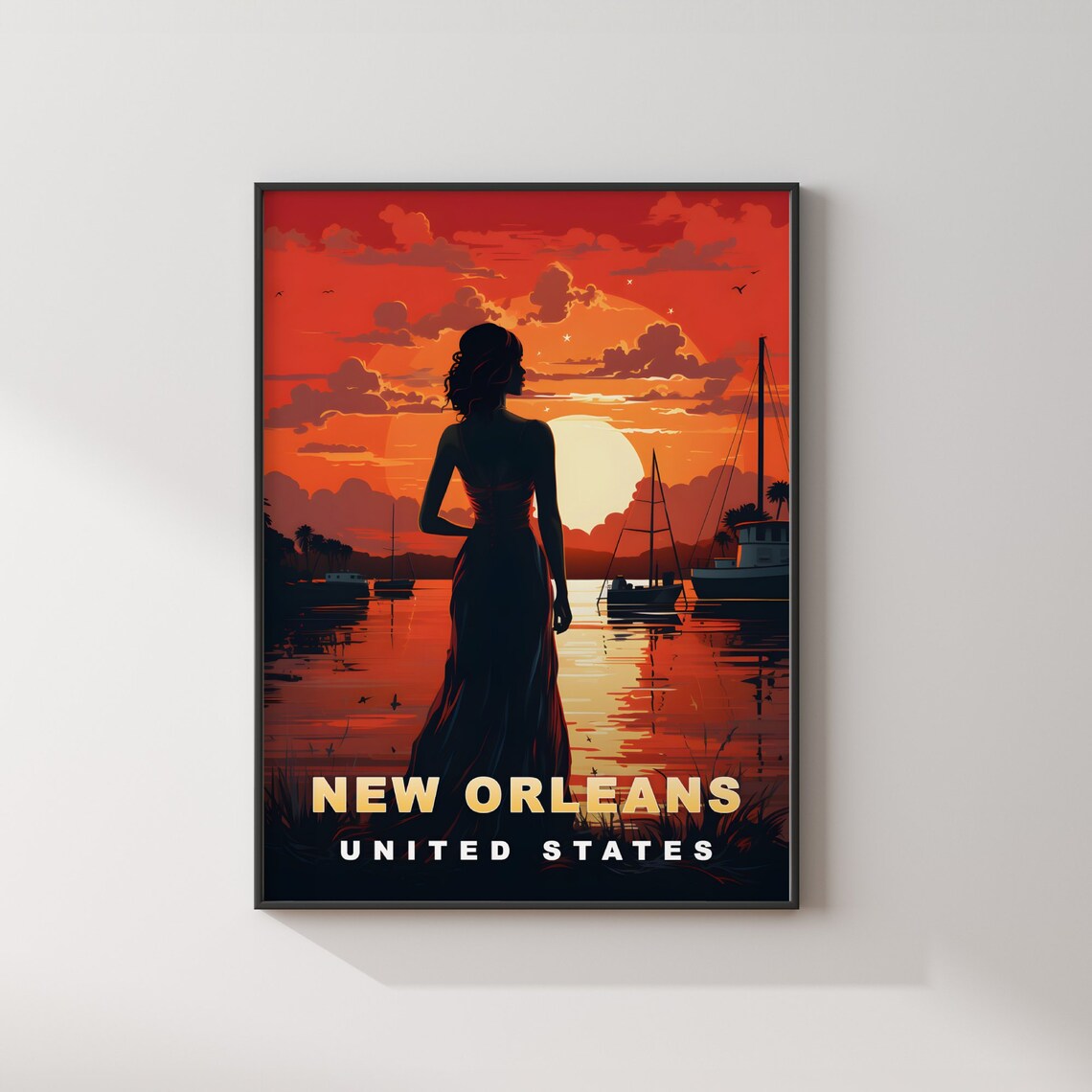 New Orleans United States Harbor Boats Sunset Lady Travel Poster - Image 2