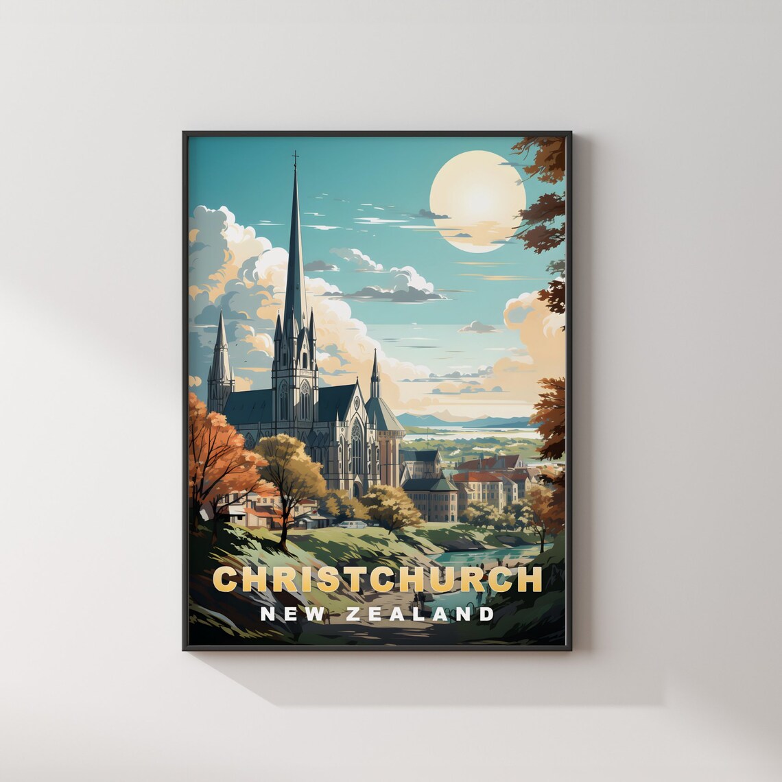 Christchurch New Zealand Cathedral Spire Retro Travel Poster - Image 2