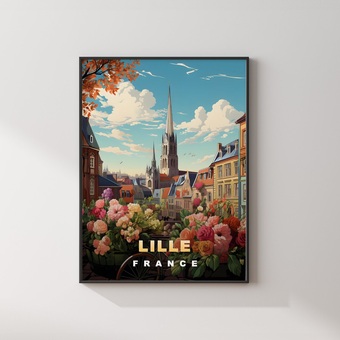 Lille France Retro Travel Poster Flower Cart Before Church Spire - Image 2