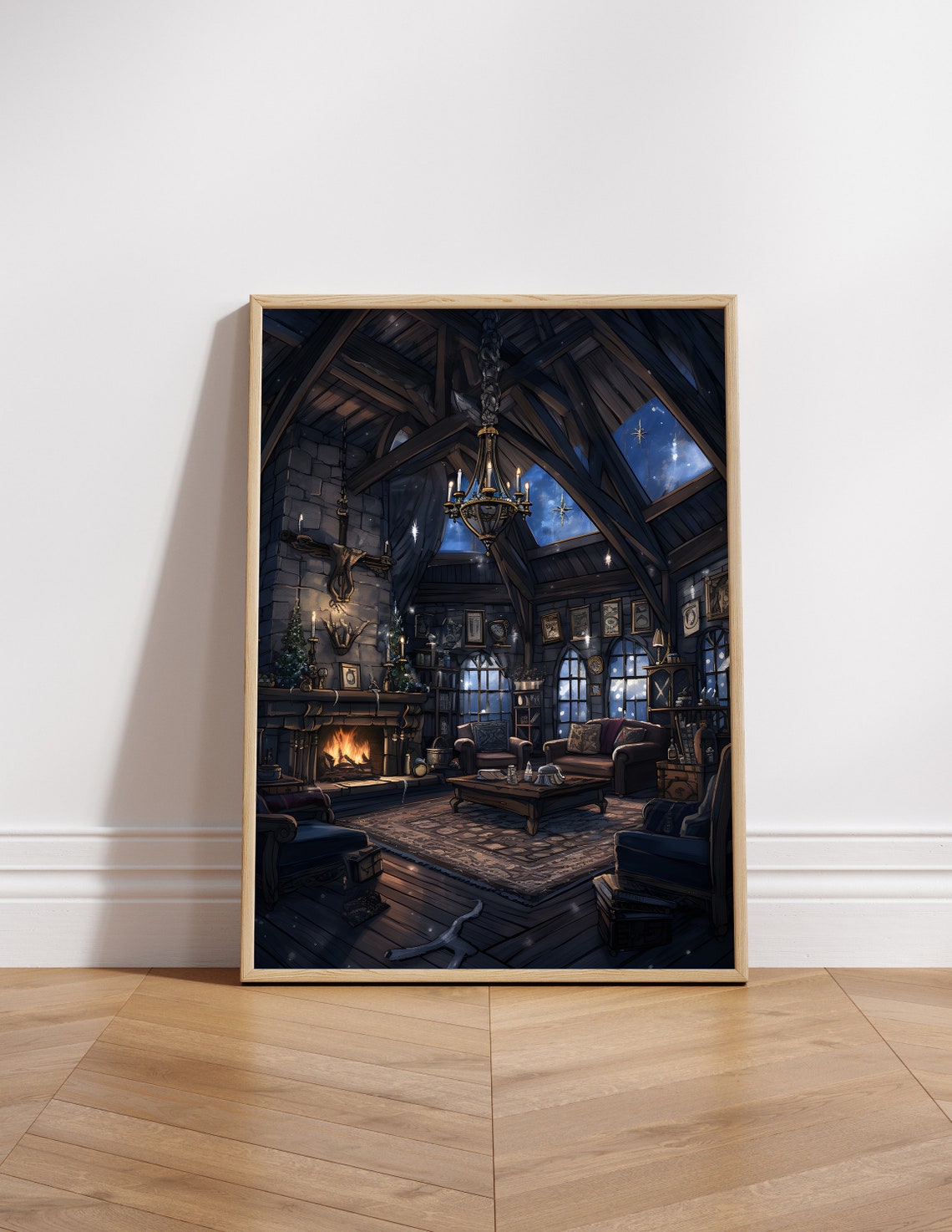 Night Fireplace Lounge Starry Skylights Dark Fantasy Art Poster