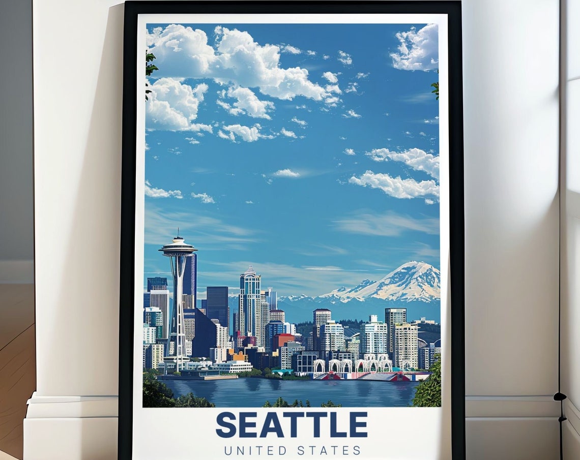 Seattle Space Needle Mount Rainier Bright Blue Sky Skyline Poster