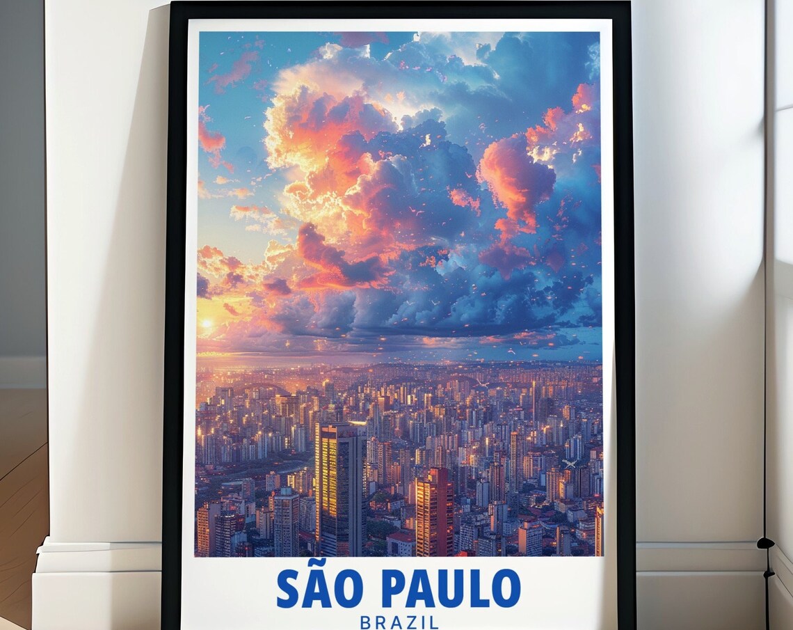 Sao Paulo Brazil Sunset City Skyline Clouds Urban Travel Poster